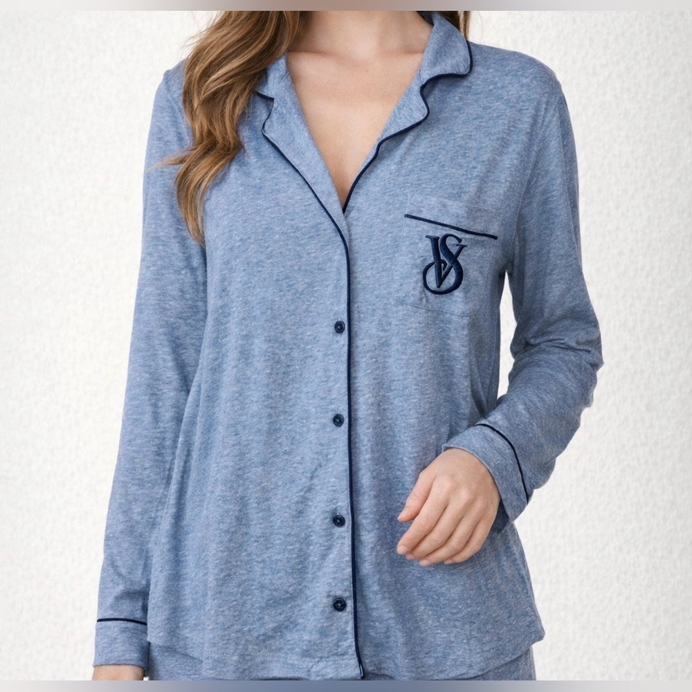 Victorias Secret Blue Long Sleeve Embroidered Logo Pajama Top Size M